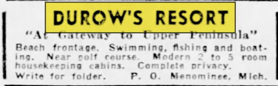 Durows Cabins (Durows Resort) - June 1953 Listing